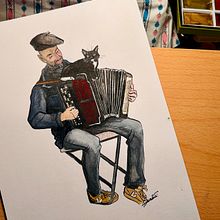 Accordéoniste et son chat. Un proyecto de Ilustración tradicional, Pintura a la acuarela y Dibujo de Retrato de Jezebel - 21.05.2025