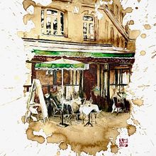 Un café parisien, café, feutres noirs, feutres blanc et aquarelle verte. Projekt z dziedziny  R, sunek i Malowanie akwarelą użytkownika Audrey Flament - 05.06.2025