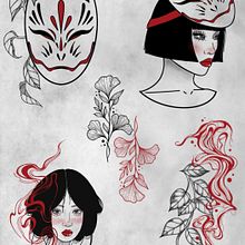 Tatuajes de autor inspirados en la estética japonesa. Projekt z dziedziny Ilustracja c, frowa,  R, sunek, Projektowanie graficzne, Design, Projektowanie postaci, Kreat, wność, Projektowanie c, frowe,  R, sunek art, st, czn, R, sunek botaniczn i Projektowanie tatuaż użytkownika Daniela Hernandez Gonzalez - 06.06.2025