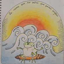 La Rana que no Sabia que Podia Surfear. Projekt z dziedziny Kreat, wność,  R, sunek, R, sunek ołówkiem, Trad, c, jna ilustracja i  Malarstwo użytkownika milagros concina - 09.06.2025