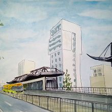 Sketch en Dakar: el nuevo bus urbano . Projekt z dziedziny Malowanie akwarelą,  R, sunek i Sketchbook użytkownika Mònica Tarragó - 27.06.2025