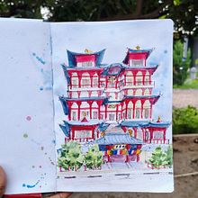 Urban Sketching: Buddha Tooth Relic Temple, Singapore. Un proyecto de Ilustración tradicional, Pintura, Pintura a la acuarela, Arquitectura e Ilustración arquitectónica de Sowmya Suthaharan - 27.06.2025