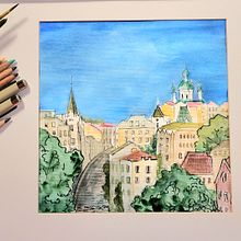 Architectural landscape of Kyiv. St. Andrew's Descent.. Un proyecto de Ilustración tradicional, Bocetado, Dibujo artístico y Paisajismo de Tatiana Kosenko - 28.06.2025