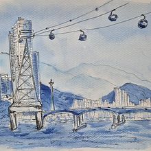 Busan in summer. Ilustração tradicional, Desenho, Pintura, Pintura em aquarela, Criatividade, Esboçado, Ilustração com tinta, Arquitetura e Ilustração arquitetônica projeto de akhasanova - 30.06.2025