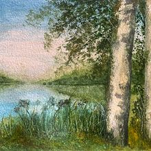 Aquarelle paysage au bord de l'étang. Een project van  Beeldende kunst, Schilderij y Aquarelschilderen van Sylvia Manceau - 12.07.2025