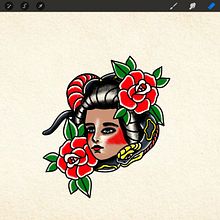 Chica con Serpiente y Rosas. Un progetto di Illustrazione digitale, Disegno e Design di tatuaggi di Edgar Vargas Zumbado - 11.08.2025