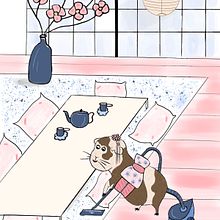 Cochon d'inde en intérieur japonais . Design de caractere, Ilustrație pentru copii, Desen, Pictură cu guașă, Pictura & Ilustrație digitală de Audrey Saulières - 08.18.2025