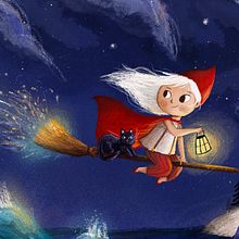 Kleine meisje op bezemsteel. Een project van Kinderillustratie, Digitale illustratie,  Digitaal schilderij y Prentenboeken van rosanneveltkamp - 24.08.2025