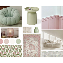 My pink-green mood board. Un projet de Décoration, Design d'intérieur, Décoration d'intérieur, Théorie des couleurs , et Design d'espace de Evdokiia Alekseeva - 02.09.2025