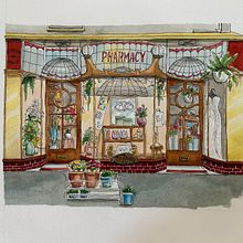 Old Pharmacy Watercolour Illustration. Een project van  Architecturale illustratie,  Tekening, Schilderij y Aquarelschilderen van danigonzini - 12.10.2025