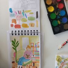 Projeto Final - Autorretrato: leitura. Esboçado, Criatividade, Desenho, Ilustração tradicional, Pintura em aquarela, e Sketchbook projeto de Beatriz Albarez de Assunção - 12.11.2025