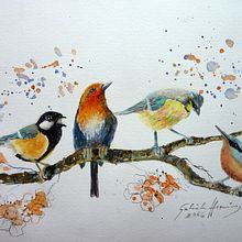 Singvögel auf blühendem Zweig. Naturalistic Illustration project by Gabriele Henning - 02.09.2026