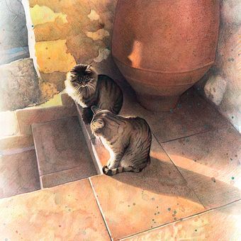 Cats and garden realistic portrait drawing