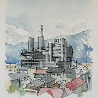 Yamanashi Culture Hall, 1966 - The harmony of contrasts. Projekt z dziedziny Sketching, Trad, c, jna ilustracja,  R, sunek architektoniczn,  Architektura,  Malarstwo,  R i sunek atramentem użytkownika Kyrylo Konstantynov - 31.05.2025