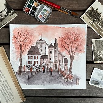 Mittelalterliche Stadt. Projekt z dziedziny Trad, c, jna ilustracja,  R, sunek i Malowanie akwarelą użytkownika Anke Weber - 02.06.2025