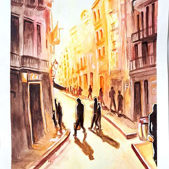 City light, Barcelona. Drawing, Traditional illustration, Fine Arts, Painting, and Watercolor Painting project by Dimitra - 06.19.2025