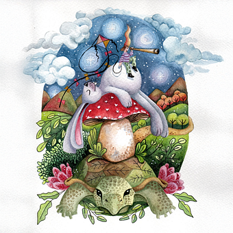 OSTATNI PROJEKT AKWARELOWY I GWASZY „ŻÓŁW I ZAJĄC”. Projekt z dziedziny  Sztuki piękne, Trad, c, jna ilustracja, Ilustracje dla dzieci,  Malarstwo, Malowanie akwarelą i Malowanie gwaszami użytkownika Daniel Caicedo Restrepo - 05.11.2025