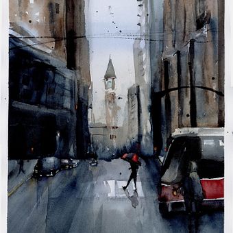 Rainy day in the City. Pintura em aquarela, Artes plásticas e Ilustração arquitetônica projeto de Valya Papadopoulou - 22.12.2025