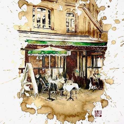 Un café parisien, café, feutres noirs, feutres blanc et aquarelle verte