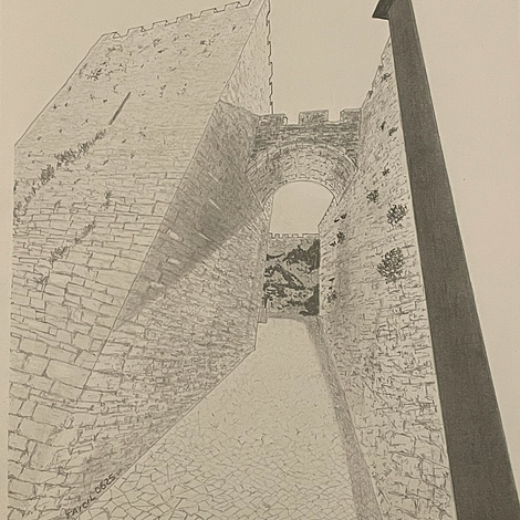 Desenho de parte de um castelo utilizando perspectivas, texturas e escala de cinza.