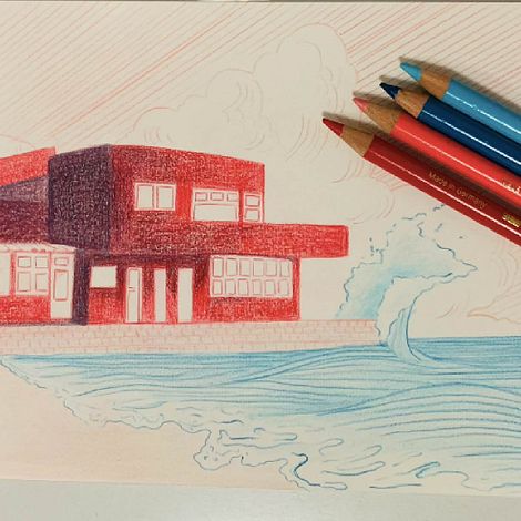 A última onda - ilustração de um restaurante demolido feito a lápis