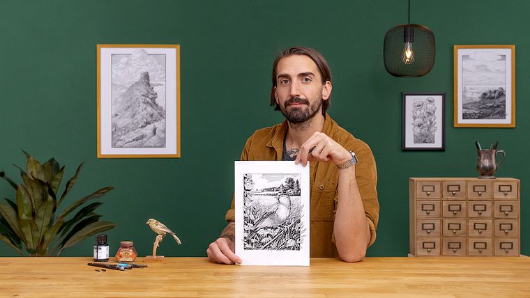 Illustratie met een kroontjespen en inkt: leg de natuur vast