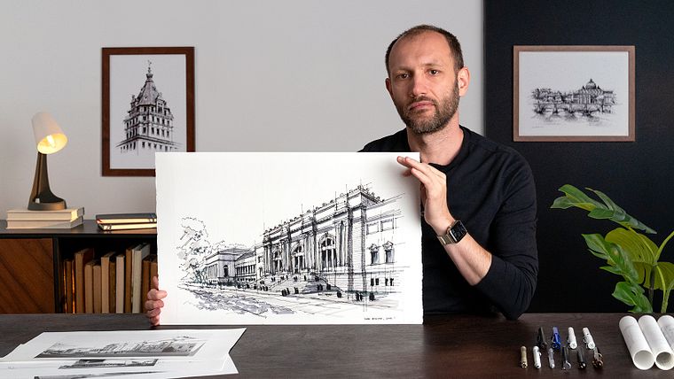 Urbane Architekturskizzen mit Tusche