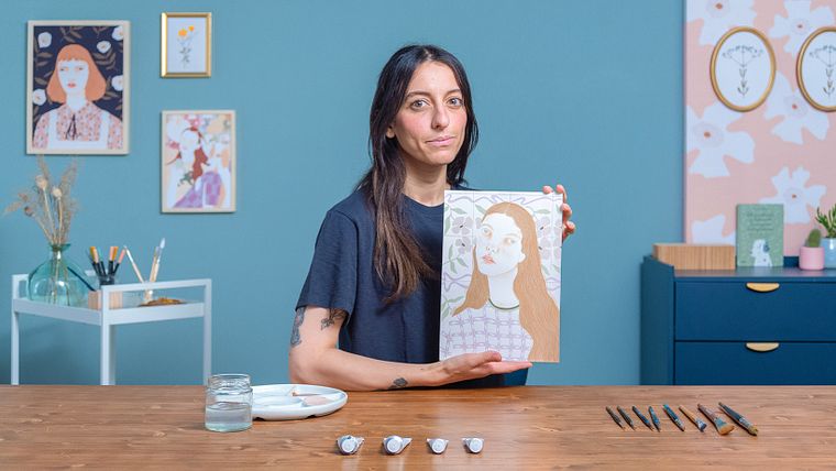 Retratos pictóricos en gouache con patrón y texturas