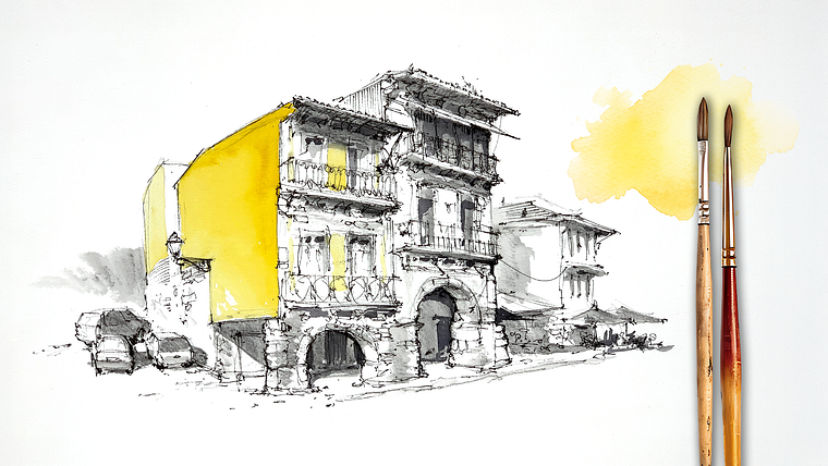 Curso guiado: desenhe edifícios urbanos com tinta e aquarela