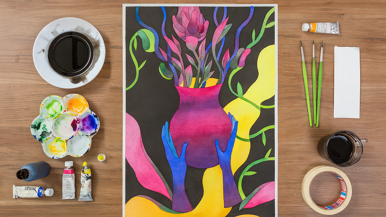Ilustração artística com nanquim e aquarela