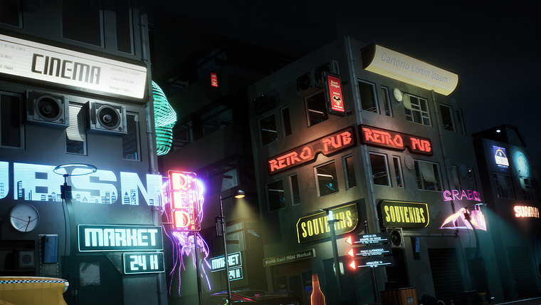 Décor de jeu vidéo sur Unreal Engine : scènes cyberpunk 