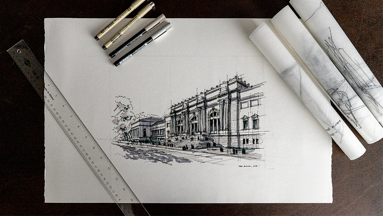 Dibujo arquitectónico urbano con tinta