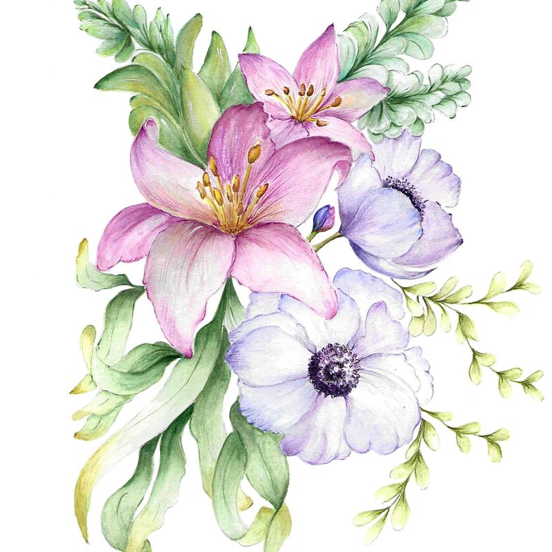Proyecto del curso: Técnicas artísticas para ilustración naturalista.“Lirios, anémonas y hojas: atrapando mirandas movidas por el viento”. 