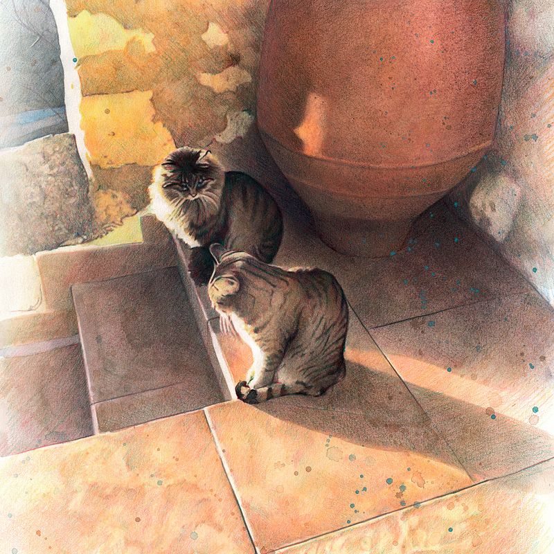 Cats and garden realistic portrait drawing