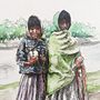 Niñas raramuris, lago Arareco. Chihuahua, México. Tinta y acuarela.. Desenho, Desenho artístico, Desenho de retrato, e Pintura em aquarela projeto de Amador Sevilla García - 11.09.2018