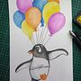 Penguin/Balloons. Character Design, Children's Illustration, Drawing, Painting, and Watercolor Painting project by jmackenzienorthmountain - 01.28.2025