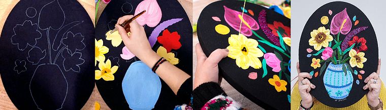 Composição floral com acrílico e bordado