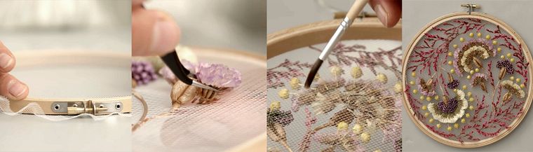 Tulle Embroidery with Natural Flowers and Plants