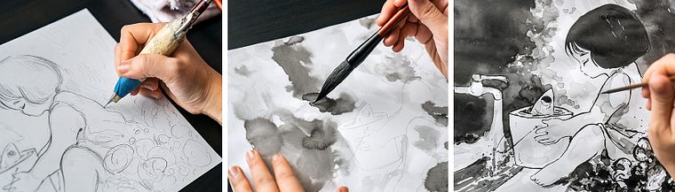 Tuscheillustration mit japanischem Einfluss