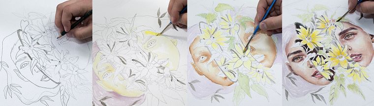 Retrato com natureza em aquarela