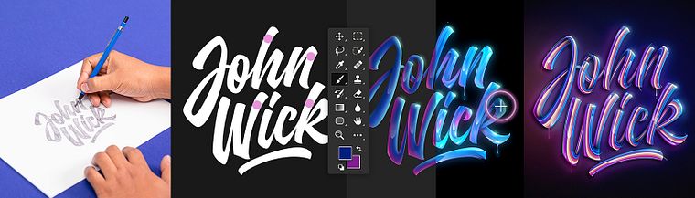 Lettering digital no Photoshop com reflexos e cores vivas