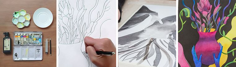 Ilustração artística com nanquim e aquarela