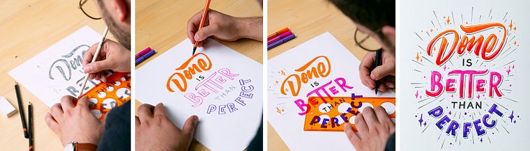 Initiation au lettering manuel : composition de lettres colorées