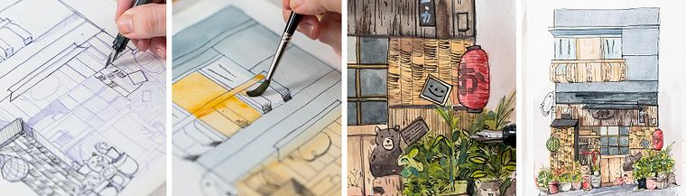 Ilustración de escenas con acuarela y pluma estilográfica
