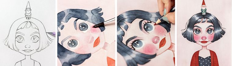 Disegno fan art con acquerelli e matite colorate