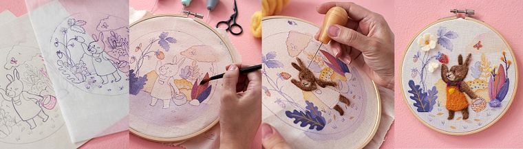 Ilustração têxtil com tinta acrílica, feltro e bordado