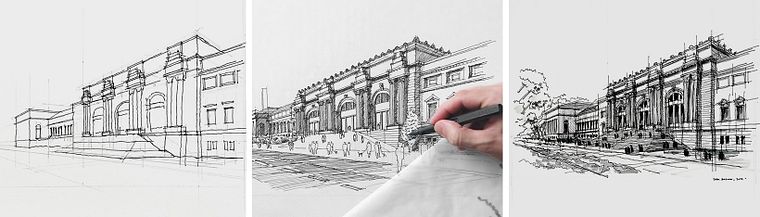 Urbane Architekturskizzen mit Tusche