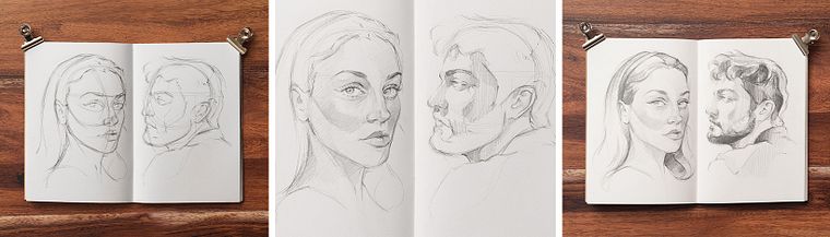Sketchbook de retratos com lápis grafite