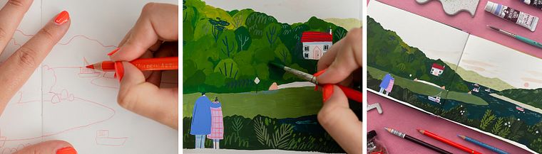 Reiseskizzenbuch-Illustration mit Gouache