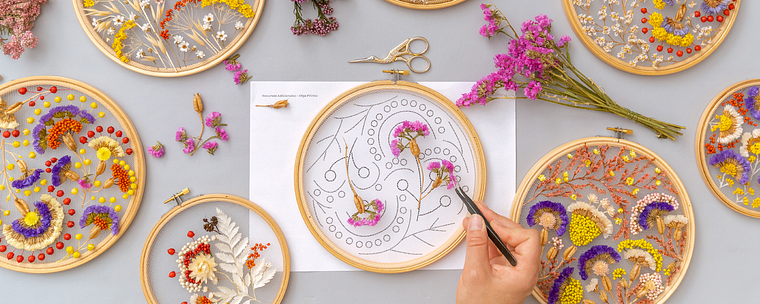 Tulle Embroidery with Natural Flowers and Plants